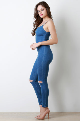 Denim Square Neck Spaghetti Strap Knee Slit Jumpsuit