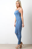 Denim Square Neck Spaghetti Strap Knee Slit Jumpsuit