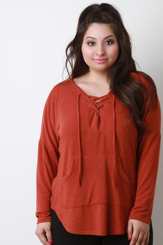 Plus Size Lace Up Kangaroo Hoodie Top