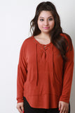 Plus Size Lace Up Kangaroo Hoodie Top