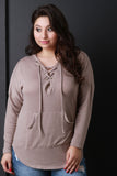 Plus Size Lace Up Kangaroo Hoodie Top