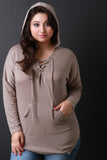 Plus Size Lace Up Kangaroo Hoodie Top