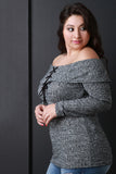 Marled Knit Lace-Up Banded Off-The-Shoulder Top