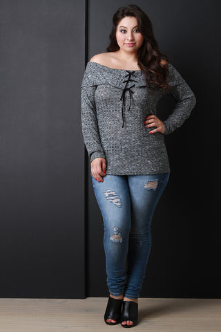 Marled Knit Lace-Up Banded Off-The-Shoulder Top