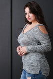 Metallic Shimmer Cold Shoulder Long Sleeves Top
