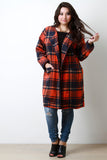 Plaid Wool Pocketed Open Front Trench Coat