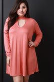 Long Sleeve Mock Neck Key Hole Shift Dress