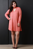 Long Sleeve Mock Neck Key Hole Shift Dress