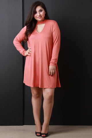 Long Sleeve Mock Neck Key Hole Shift Dress