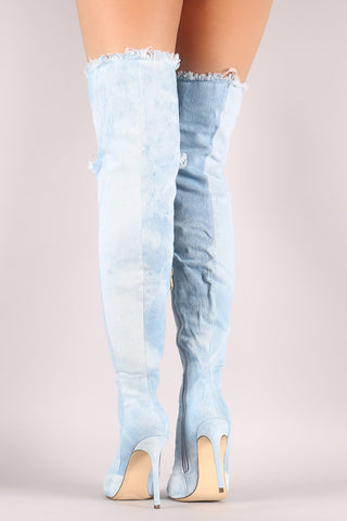 Liliana Destroyed Denim Stiletto Over-The-Knee Boots