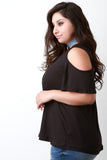 Cold Shoulder Bell Sleeves Round Neck Slit Top