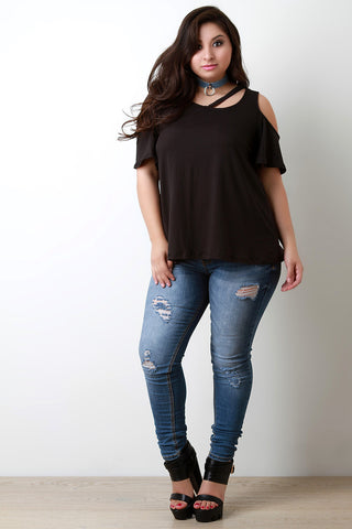 Cold Shoulder Bell Sleeves Round Neck Slit Top