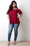 Cold Shoulder Bell Sleeves Round Neck Slit Top