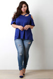 Cold Shoulder Bell Sleeves Round Neck Slit Top