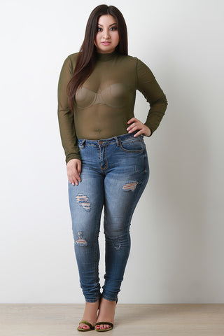 Semi-Sheer Mesh Mock Long Sleeve Bodysuit