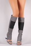 Denim Patchwork Chunky Lucite Heeled Cutout Knee High Boots