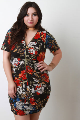 Floral Zipper Front Bodycon Dress