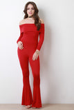 Long Sleeves Banded Off-The-Shoulder Bell Bottom Jumpsuit