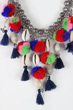Pompom Cowries Shells Bib Necklace