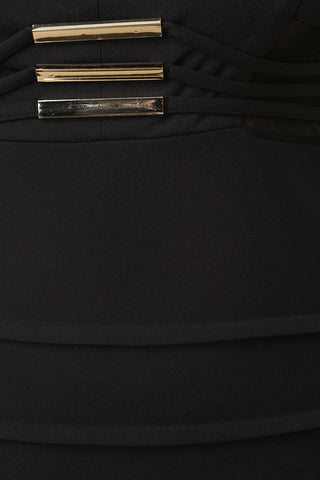 V Neck Sleeveless Pleated Metallic Hardware Accent Bodycon Dress