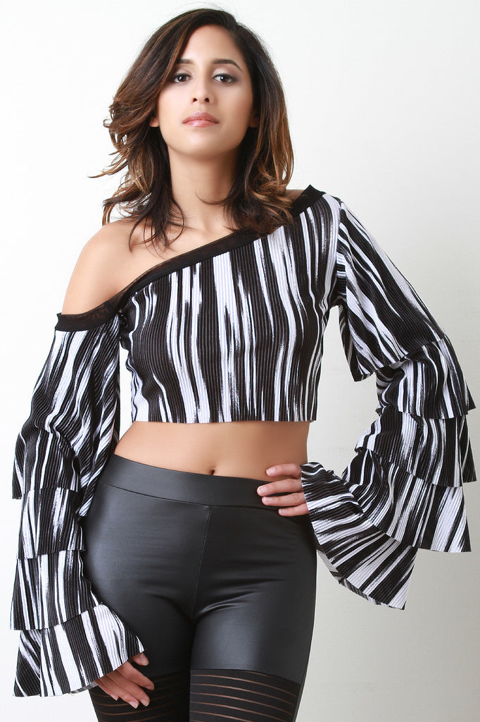 Tier Bell Sleeves One Shoulder Crop Top