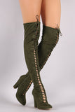 Suede Lace Up Almond Toe Chunky Heeled Over-The-Knee Boots