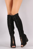 Suede Lace Up Peep Toe Lug Sole Chunky Heeled Boots