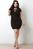 Lattice Yoke Mock Neck Bodycon Dress