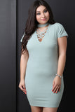 Lattice Yoke Mock Neck Bodycon Dress