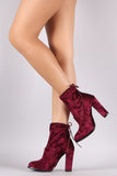 Crushed Velvet Drawstring-Tie Chunky Heeled Booties