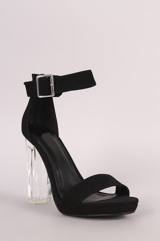 Delicious Nubuck Buckled Ankle Strap Chunky Lucite Heel