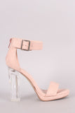 Delicious Nubuck Buckled Ankle Strap Chunky Lucite Heel