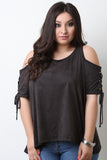 Suede Open Shoulder Lace Up Sleeve Top