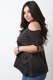 Suede Open Shoulder Lace Up Sleeve Top