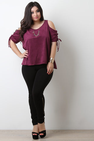 Suede Open Shoulder Lace Up Sleeve Top