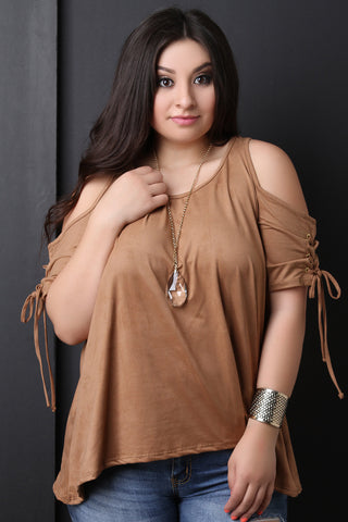 Suede Open Shoulder Lace Up Sleeve Top