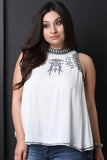 Embroidered Mock Neck Trapeze Top