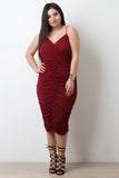 Ruched Mesh Spaghetti Strap Midi Dress