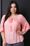 Textured Self-Tie Tassel Bell Sleeve Top