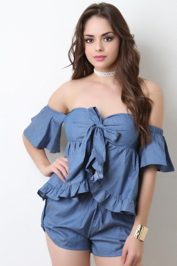 Denim Sweetheart Off The Shoulder Bow Top