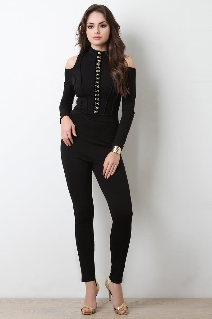 Structured Hook And Eye Cold Shoulder Jumpsuit
