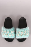 Faux Pearl Embellished Fur Slide Sandals
