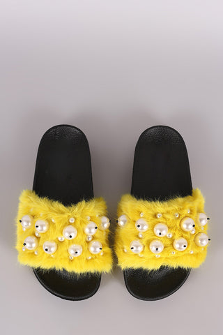 Faux Pearl Embellished Fur Slide Sandals