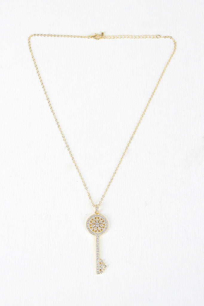Thin Chain Link Rhinestone Key Necklace