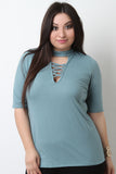Mock Neck Crisscross Keyhole Elbow Sleeves Top