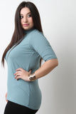 Mock Neck Crisscross Keyhole Elbow Sleeves Top