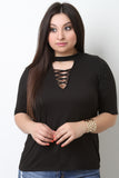 Mock Neck Crisscross Keyhole Elbow Sleeves Top