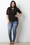 Mock Neck Crisscross Keyhole Elbow Sleeves Top