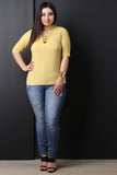 Mock Neck Crisscross Keyhole Elbow Sleeves Top