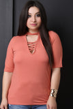 Mock Neck Crisscross Keyhole Elbow Sleeves Top